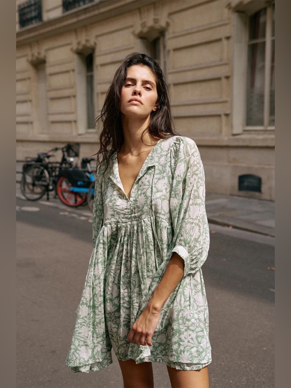 Daughters of India Sage Green and White Floral Tie-Front Tunic NWOT